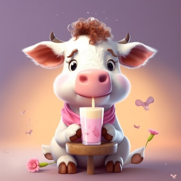 Krowa w różowej koszuli i różowym szaliku pije koktajl mleczny.