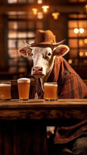 krowa z krową w kowbojskim kapeluszu i pijącą piwo
