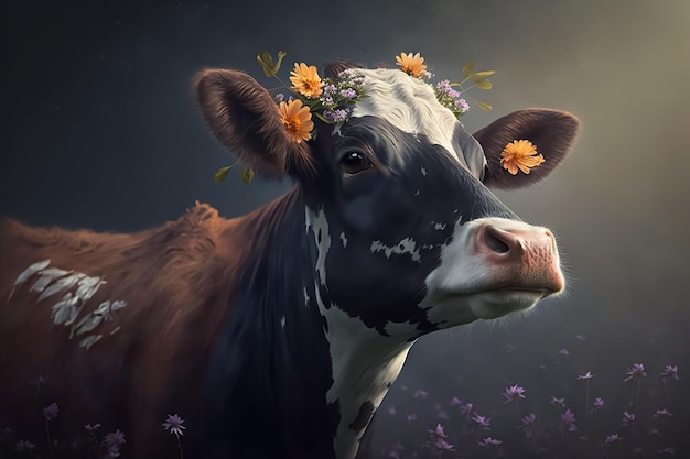 Krowa z kwiatową koroną na głowie