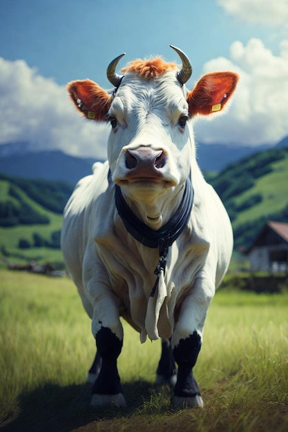 krowa z metką na uchu stoi na polu z górami w tle.