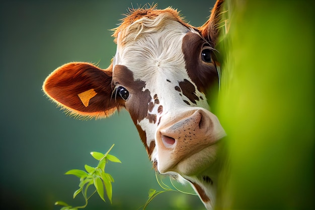 Zdjęcie krowa zaglądająca zza rogu generatywna ai generacyjna ai