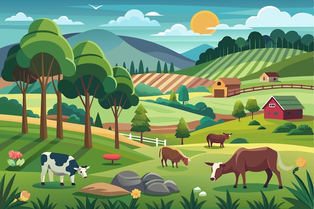 Krowy pasą się na pastwiskach, a w tle farmę