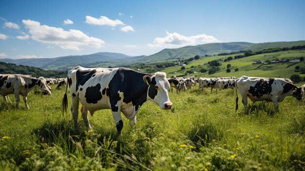 Krowy pasą się na zielonym polu z farmą bydła w tle