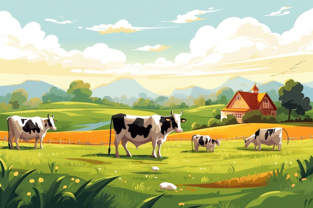 Krowy pasące się na farmie ze światłem słonecznym Ilustracja krajobrazu gospodarstwa z generatywną ai