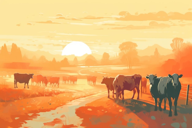 Krowy pasące się na farmie ze światłem słonecznym Ilustracja krajobrazu gospodarstwa z generatywną ai