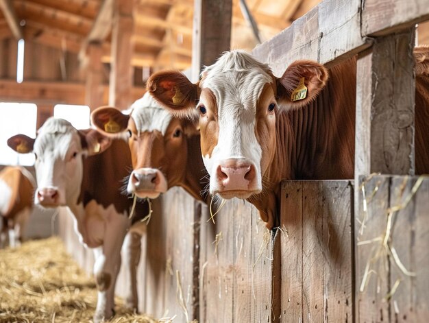 Krowy są ułożone w stodołach, a jedna z nich ma na sobie etykietę.
