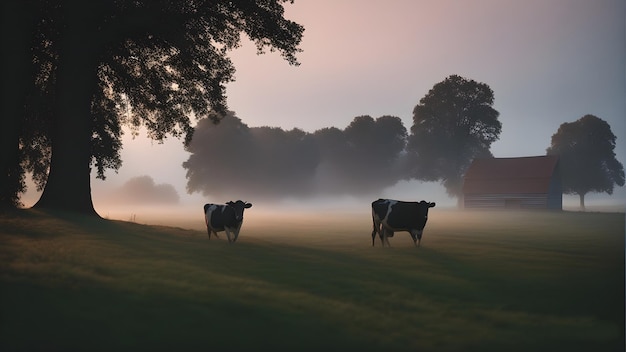 krowy stoją na polu z mgłą w tle.