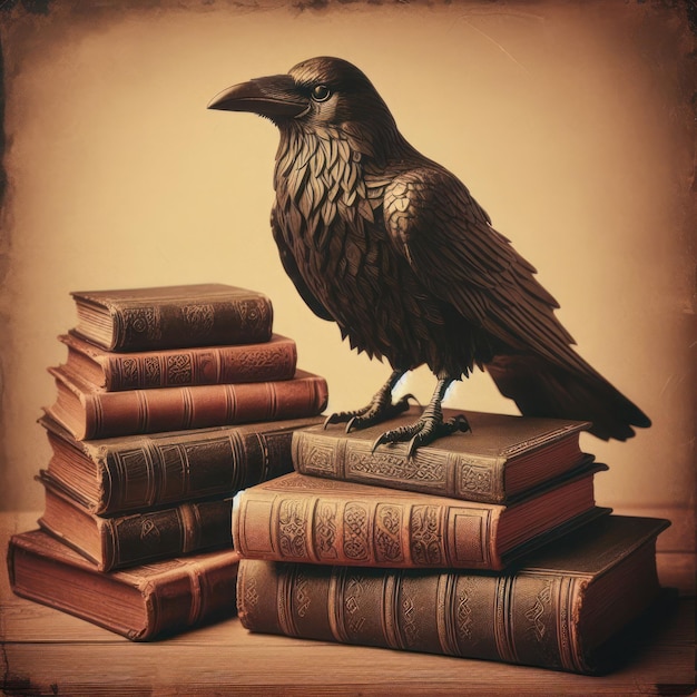 Kruk stojący na starym stosie książek