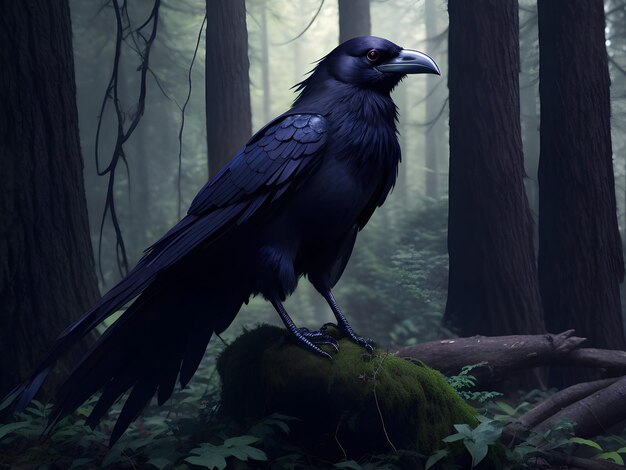 Zdjęcie kruk w ciemnozielonym lesie młody kruk zwyczajny corvus corax