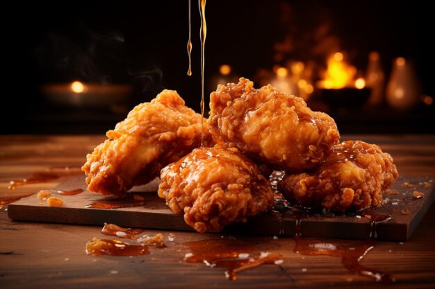 Krunchy smażony kurczak z miodem stopiony drewniany stół bokeh restauracja tło Generatywna sztuczna inteligencja
