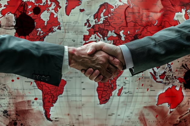 Krwawy uścisk ręki biznesmenów przeciwko krwawej mapie świata