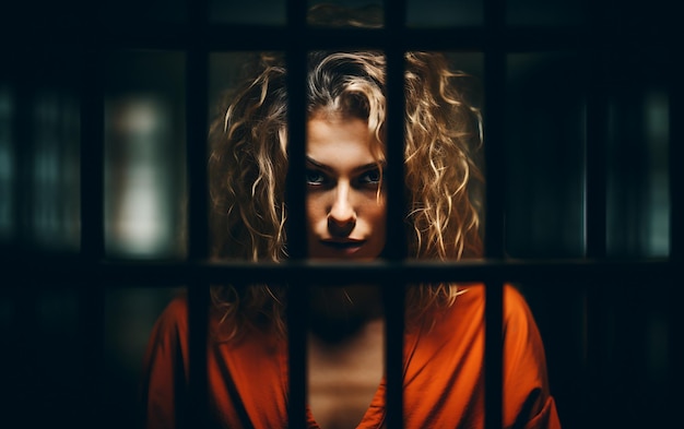 Kryminalna kobieta za kratami więziennymi patrząca na przestępcę kamery, dziewczynę przestępcę zamkniętą w więzieniu