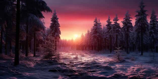 Krymszowy świt nad spokojnym lasem sosnowym zimą