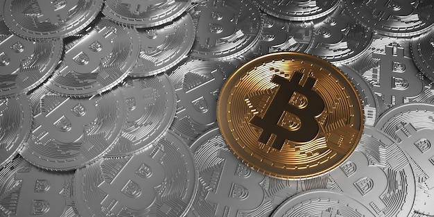 Kryptowaluta lub złoty bitcoin ze srebrnym bitcoinowym tłem renderowania 3d