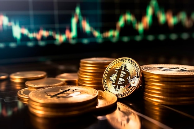 Kryptowaluty złote monety bitcoin wykresy finansowe generatywne ai