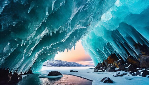 Zdjęcie krystaliczna jaskinia lodowa w kolorze niebieskim łagodny blask widok z wnętrza