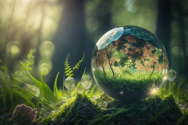Krystalicznie czysta kula jest w lesie Kolorowy piękny obraz w stylu Fantasy Generative AI