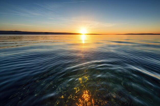 Krystalicznie czyste jezioro z widokiem wschodzącego nad horyzontem słońca stworzone za pomocą generatywnej sztucznej inteligencji