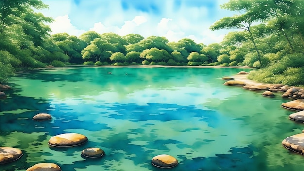 Krystalicznie czyste wody w zielonych lagunach Obraz pokoju i harmonii z naturą Ilustracja akwarelowa generowana przez AI