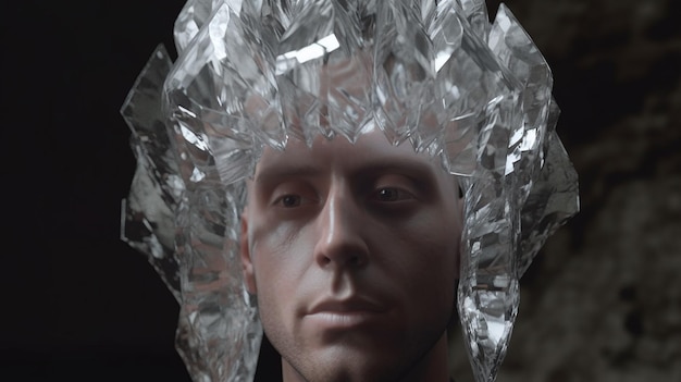 Krystalicznie czysty, hiperrealistyczny portret VFX przedstawiający szklaną głowę z podpowierzchniową skórą rozpraszającą
