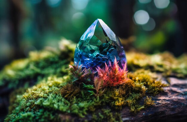 Krystaliczny kwarc z kolorem tęczy i mchem