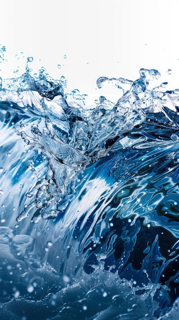 Zdjęcie kryształa fala niebieskiej wody uchwycona w izolacji na białym tle podkreślającą czystość i płynność wody w ruchu