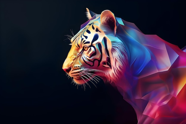 Kryształowa, błyszcząca ilustracja tygrysa 3D na ciemnym tle