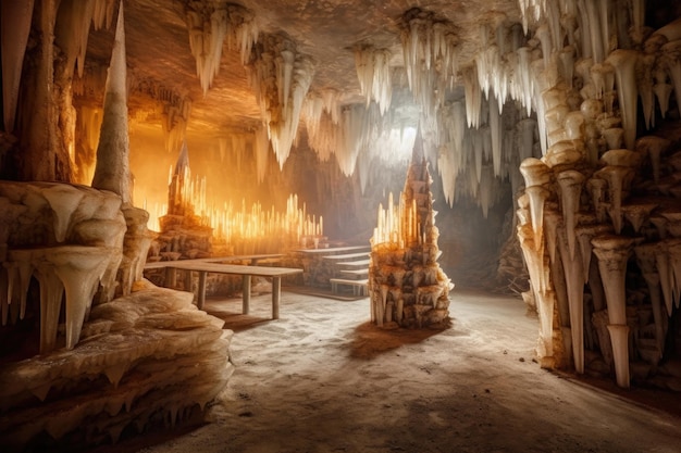 Kryształowa komora jaskiniowa z naturalnym świetlikiem stworzona za pomocą generatywnej sztucznej inteligencji