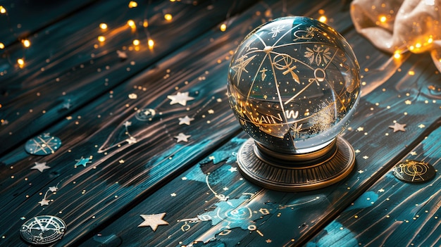 Zdjęcie kryształowa kula na drewnianej powierzchni z astrologicznymi symbolami i migoczącymi światłami