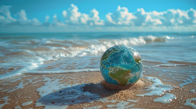 Kryształowa kula na plaży z rozpryskami wody i niebieskim niebem