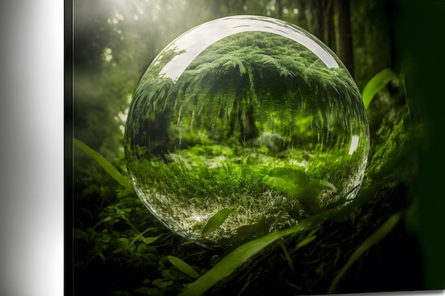 Kryształowa kula na zielonej trawie z odbiciem zielonej roślinności wewnątrz Sztuka wygenerowana przez sieć neuronową