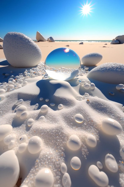 Kryształowa kula siedząca na pokrytej śniegiem plaży generatywnej ai