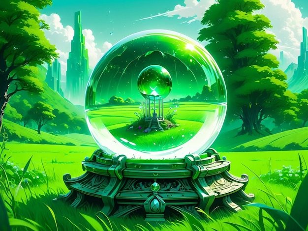 Zdjęcie kryształowa kula siedząca na szczycie bujnego zielonego pola fantazyjna sztuka bardzo szczegółowo surrealistyczna