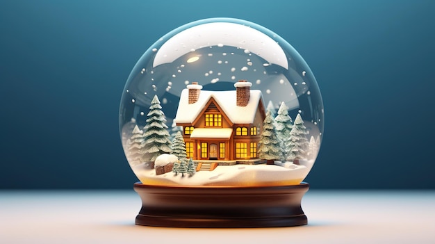 Kryształowa kula śnieżna ze śnieżną choinką i domem w środku