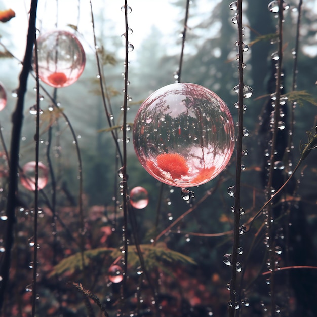 Kryształowa kula w jesiennym lesie z kroplami deszczu na trawie