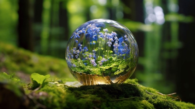 Zdjęcie kryształowa kula z dzikimi kwiatami i ścieżką na omszałym dnie lasu
