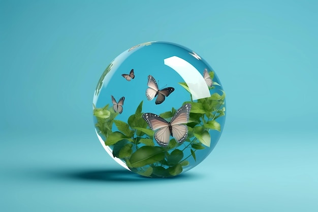 kryształowa kula z motylem na niebieskim tle z bokeh