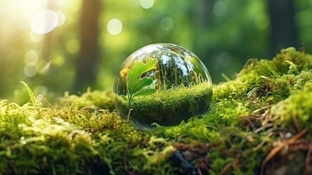 Kryształowa kula z zielonym mchem i kwiatem mniszka lekarskiego w lesie Generative AI