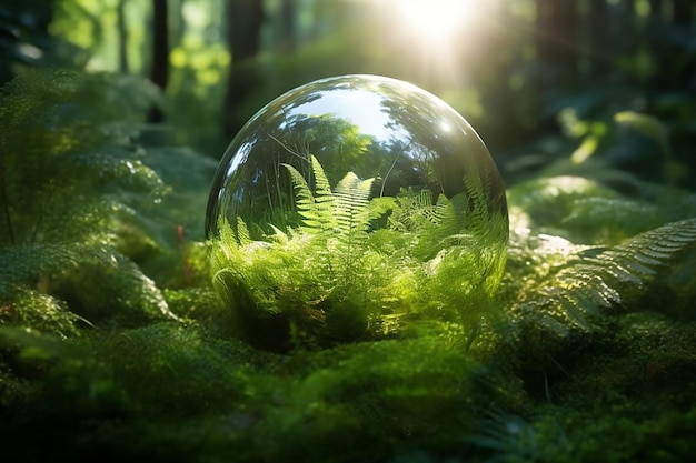 Kryształowa kula ziemska z paprociami na tropikalnym zielonym lesie ze światłem słonecznym jako sztuczna inteligencja generująca zieloną ziemię