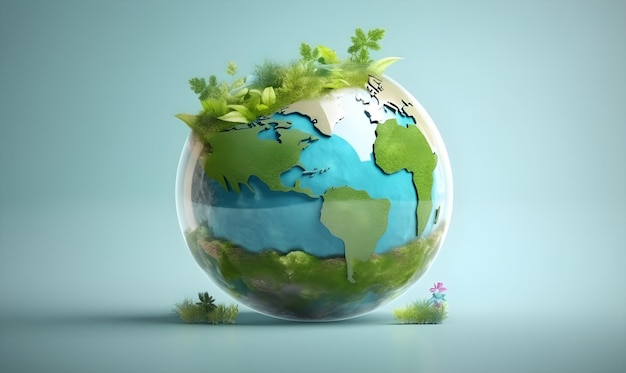 Kryształowa kulka na paprocie w zielonym trawiastym lesie Środowisko ratuje Światowy Dzień Ziemi