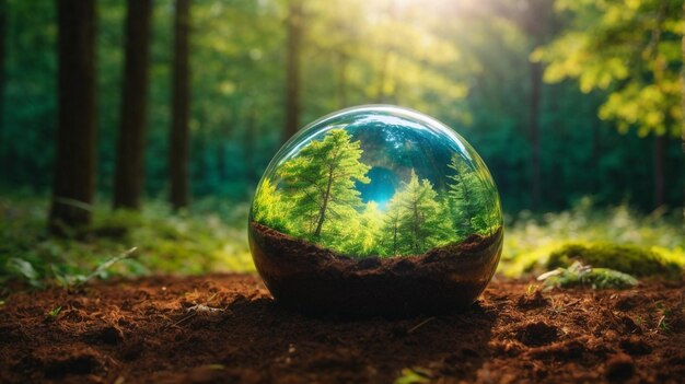 Kryształowa ziemia na glebie w lesie z koncepcją natury w Światowym Dniu Ziemi