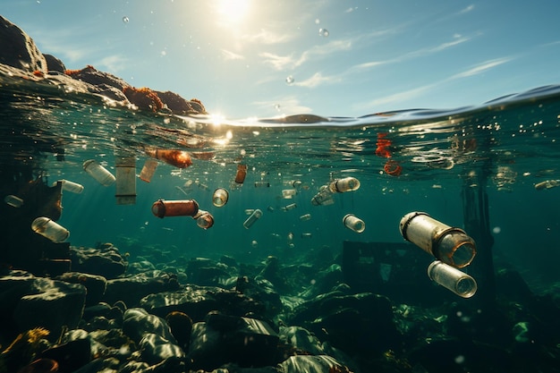 Kryzys środowiskowy znad oceanu i woda skażona plastikiem i odpadami