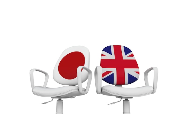 Krzesła biznesowe z Japonii i Wielkiej Brytanii Koncepcja relacji międzynarodowych Renderowanie 3D