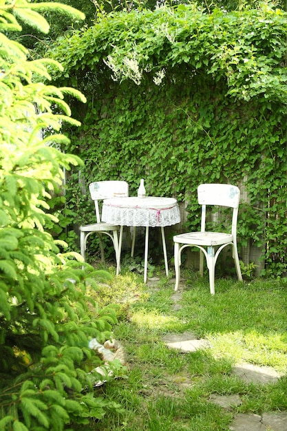 Krzesła i stół w ogrodzie
