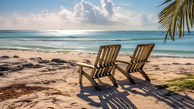 krzesła na plaży, opalanie się w tropikalnym słońcu pod palmami i parasolami
