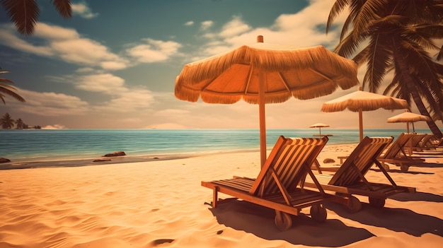 krzesła na plaży, opalanie się w tropikalnym słońcu pod palmami i parasolami