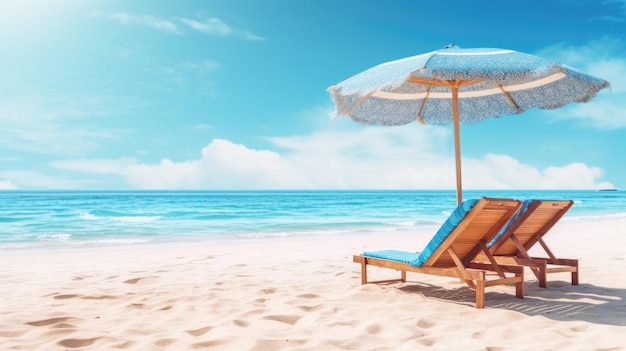 Krzesła plażowe i parasol na białej, piaszczystej plaży Generacyjna sztuczna inteligencja