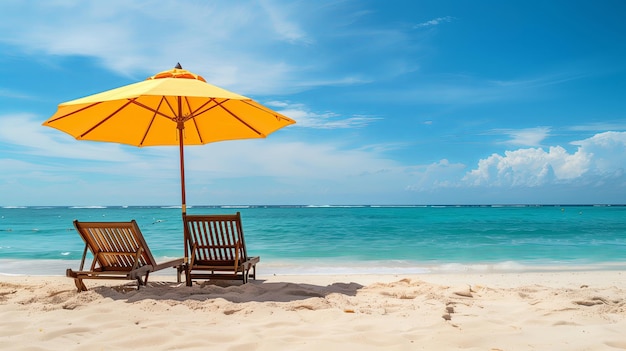 Krzesła plażowe i parasol na białym piasku na tle niebieskiego nieba i oceanu