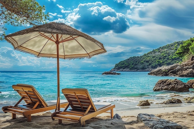 Krzesła plażowe i parasol na piaszczystej plaży