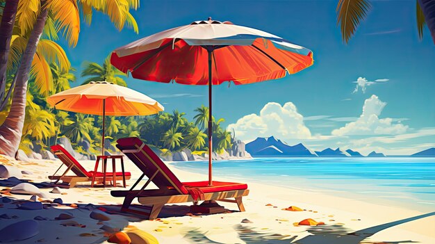 Krzesła plażowe i parasol na tropikalnej plaży 3d rendering